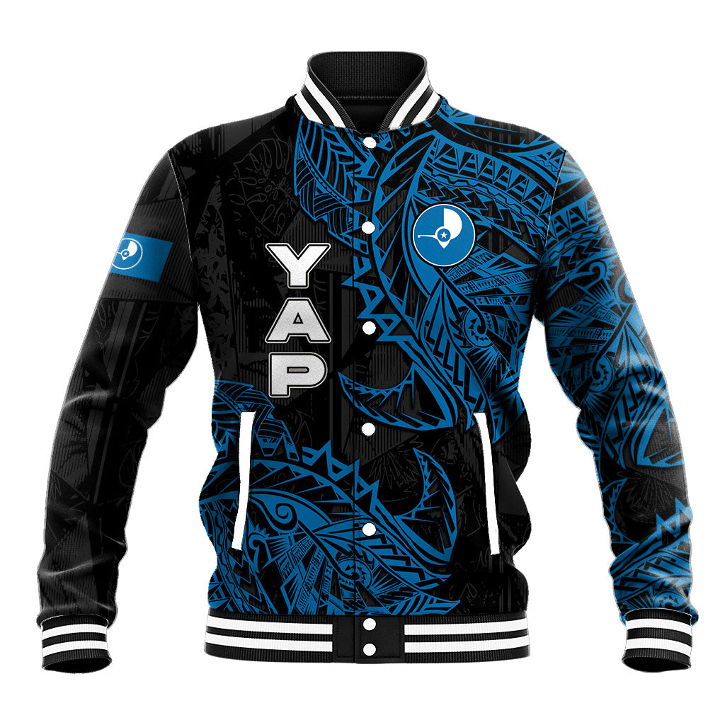 Yap Island Tribal Heritage Baseball Jacket Micronesian Polynesian Tattoo Pattern Blue Black Cultural Art TS04 Unisex Black Blue - Polynesian Pride
