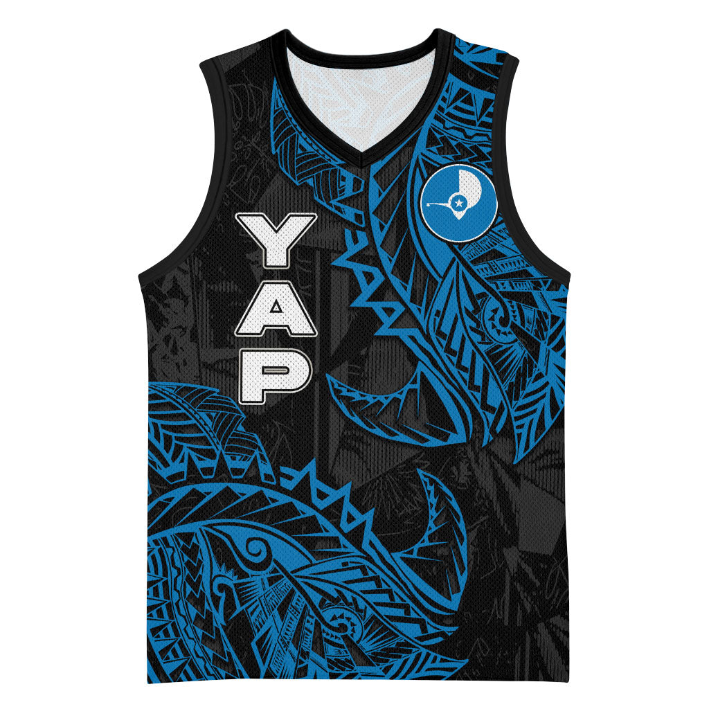 Yap Island Tribal Heritage Basketball Jersey Micronesian Polynesian Tattoo Pattern Blue Black Cultural Art TS04 Unisex Black Blue - Polynesian Pride