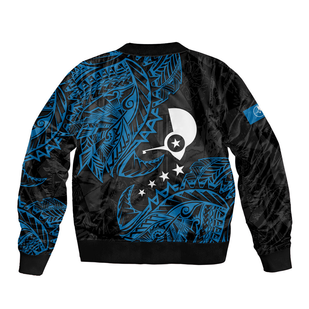 Yap Island Tribal Heritage Bomber Jacket Micronesian Polynesian Tattoo Pattern Blue Black Cultural Art