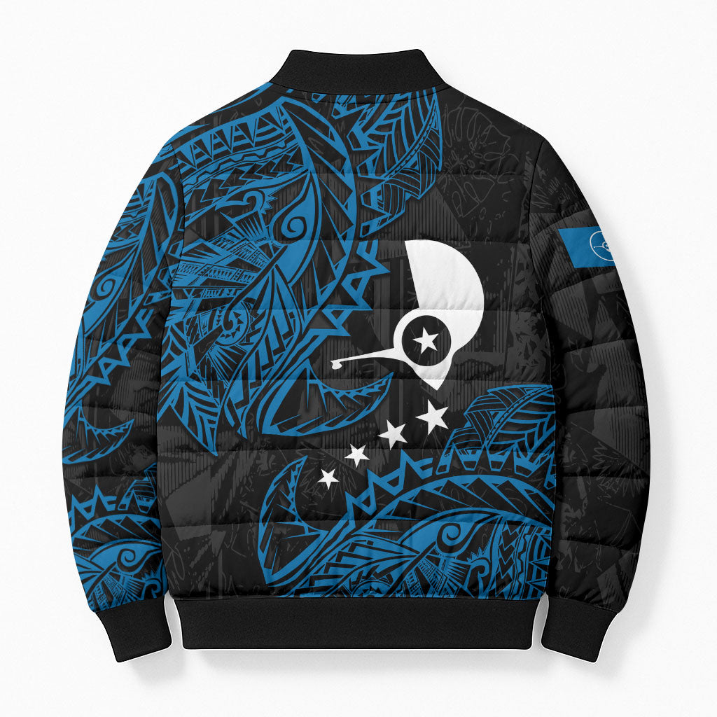 Yap Island Tribal Heritage Bomber Puffer Jacket Micronesian Polynesian Tattoo Pattern Blue Black Cultural Art