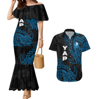 Yap Island Tribal Heritage Couples Matching Mermaid Dress and Hawaiian Shirt Micronesian Polynesian Tattoo Pattern Blue Black Cultural Art
