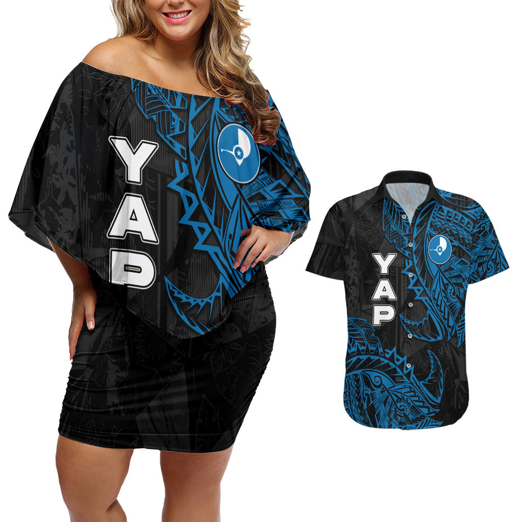 Yap Island Tribal Heritage Couples Matching Off Shoulder Short Dress and Hawaiian Shirt Micronesian Polynesian Tattoo Pattern Blue Black Cultural Art TS04 Black Blue - Polynesian Pride