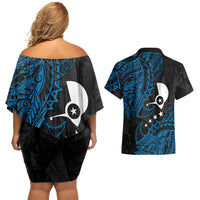 Yap Island Tribal Heritage Couples Matching Off Shoulder Short Dress and Hawaiian Shirt Micronesian Polynesian Tattoo Pattern Blue Black Cultural Art