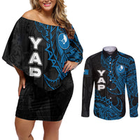 Yap Island Tribal Heritage Couples Matching Off Shoulder Short Dress and Long Sleeve Button Shirt Micronesian Polynesian Tattoo Pattern Blue Black Cultural Art