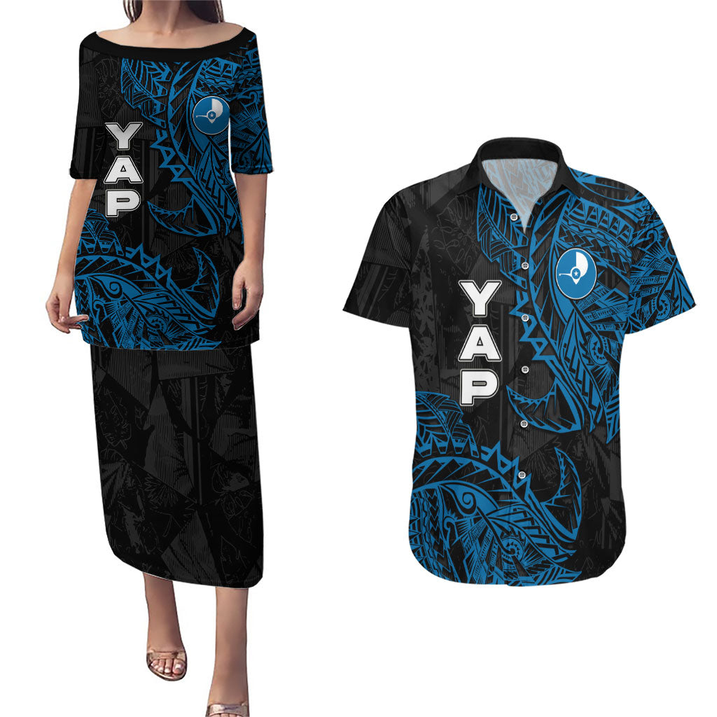 Yap Island Tribal Heritage Couples Matching Puletasi and Hawaiian Shirt Micronesian Polynesian Tattoo Pattern Blue Black Cultural Art TS04 Black Blue - Polynesian Pride