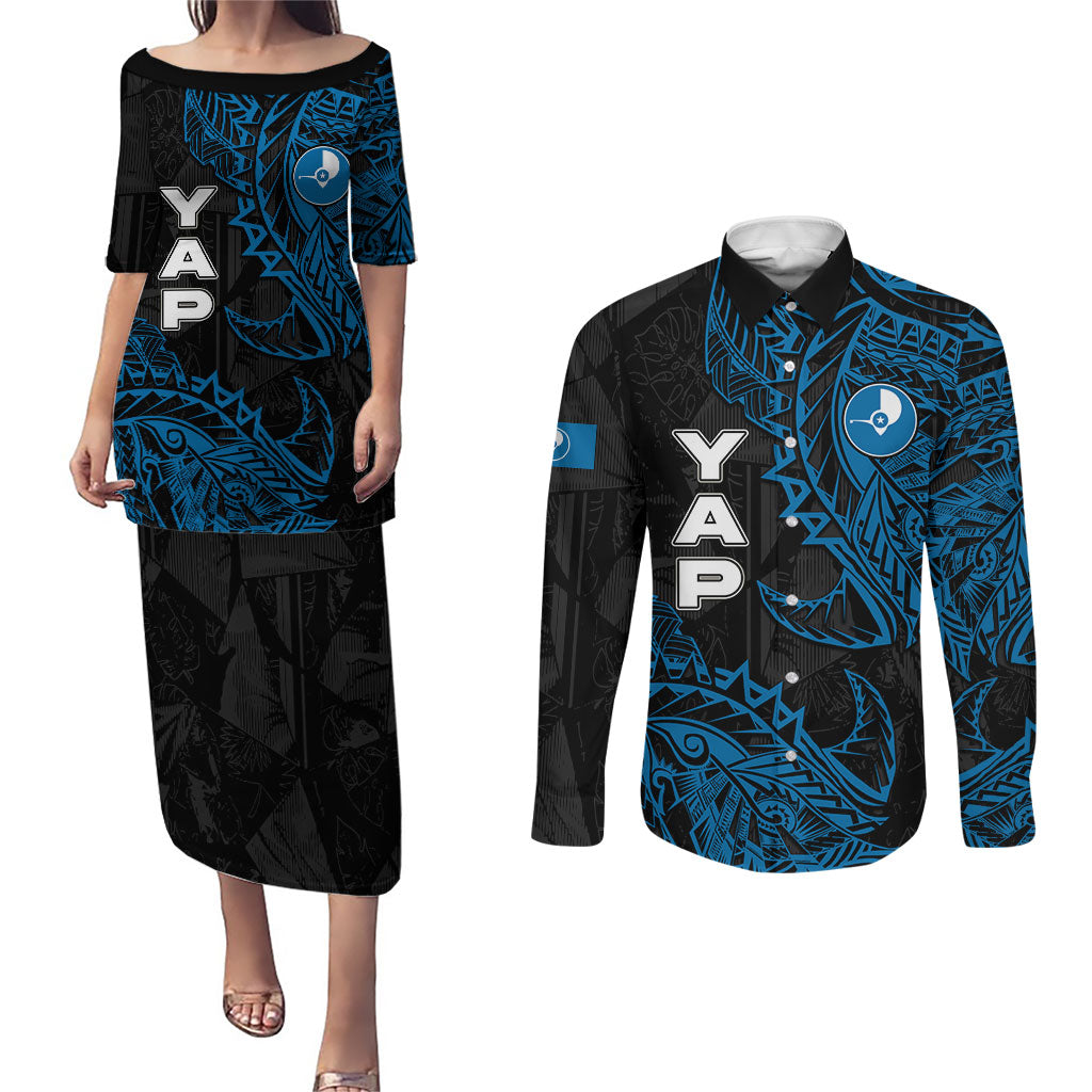 Yap Island Tribal Heritage Couples Matching Puletasi and Long Sleeve Button Shirt Micronesian Polynesian Tattoo Pattern Blue Black Cultural Art TS04 Black Blue - Polynesian Pride