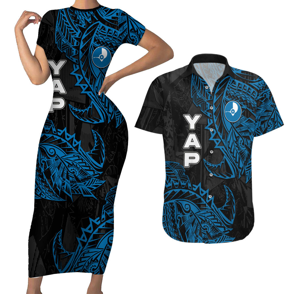 Yap Island Tribal Heritage Couples Matching Short Sleeve Bodycon Dress and Hawaiian Shirt Micronesian Polynesian Tattoo Pattern Blue Black Cultural Art