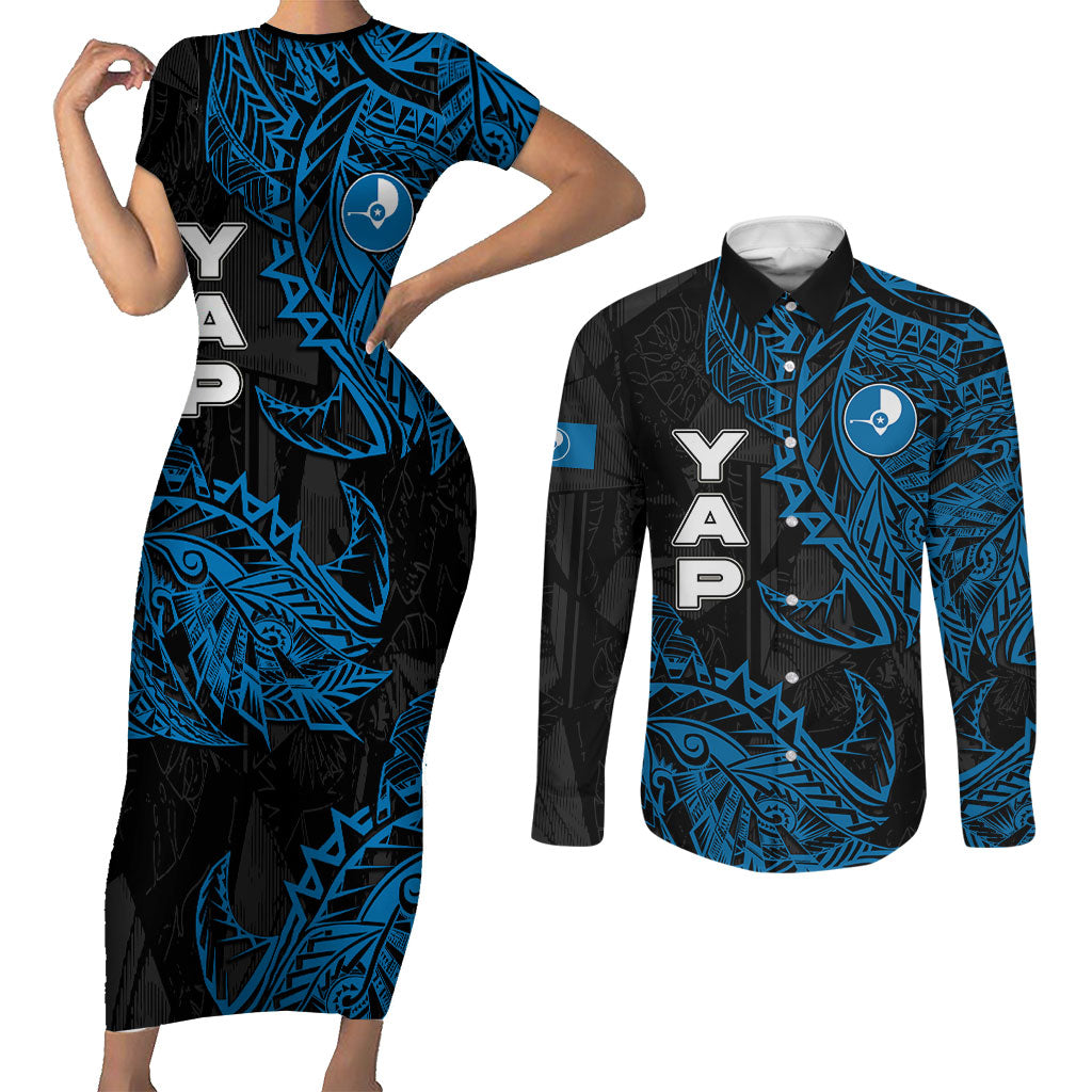 Yap Island Tribal Heritage Couples Matching Short Sleeve Bodycon Dress and Long Sleeve Button Shirt Micronesian Polynesian Tattoo Pattern Blue Black Cultural Art TS04 Black Blue - Polynesian Pride
