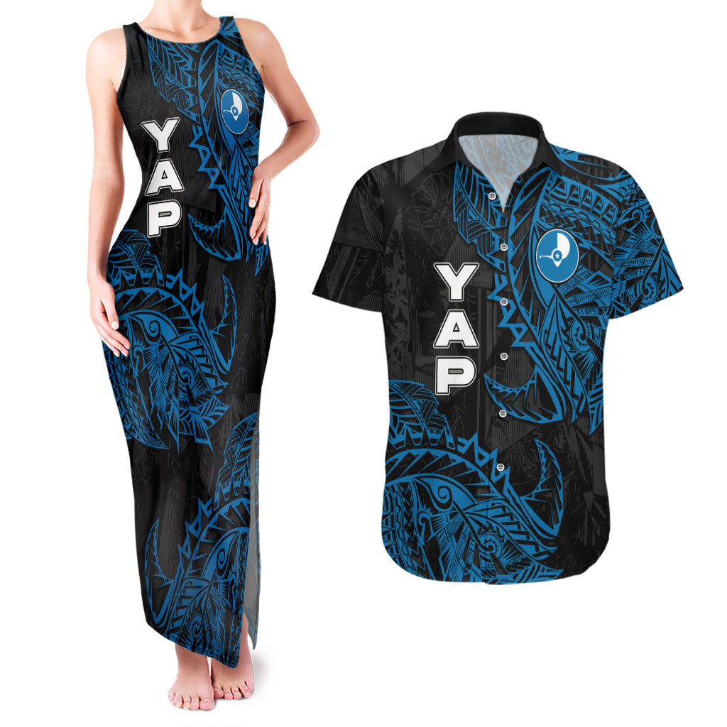 Yap Island Tribal Heritage Couples Matching Tank Maxi Dress and Hawaiian Shirt Micronesian Polynesian Tattoo Pattern Blue Black Cultural Art TS04 Black Blue - Polynesian Pride