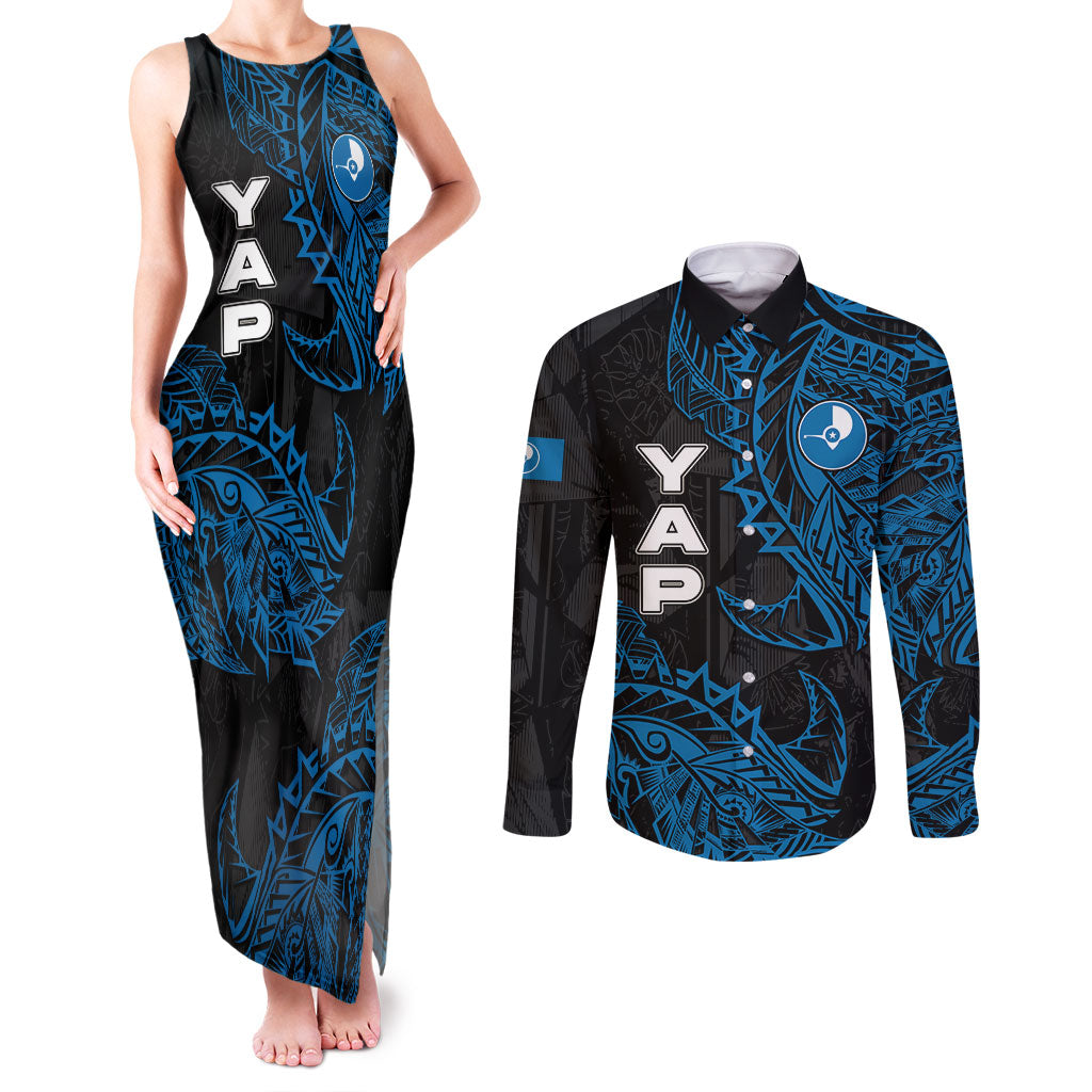 Yap Island Tribal Heritage Couples Matching Tank Maxi Dress and Long Sleeve Button Shirt Micronesian Polynesian Tattoo Pattern Blue Black Cultural Art TS04 Black Blue - Polynesian Pride