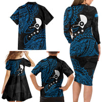 Yap Island Tribal Heritage Family Matching Long Sleeve Bodycon Dress and Hawaiian Shirt Micronesian Polynesian Tattoo Pattern Blue Black Cultural Art