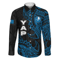 Yap Island Tribal Heritage Family Matching Long Sleeve Bodycon Dress and Hawaiian Shirt Micronesian Polynesian Tattoo Pattern Blue Black Cultural Art
