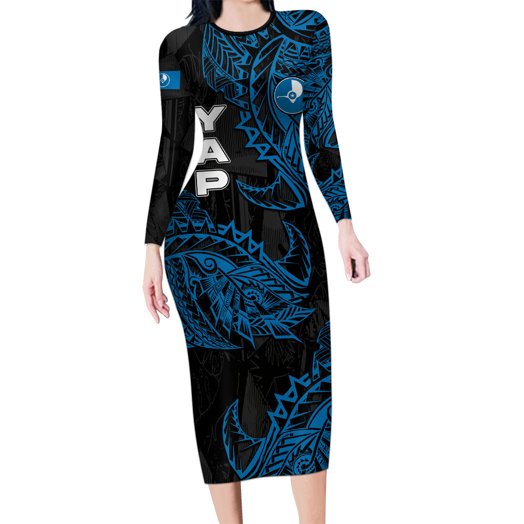 Yap Island Tribal Heritage Family Matching Long Sleeve Bodycon Dress and Hawaiian Shirt Micronesian Polynesian Tattoo Pattern Blue Black Cultural Art