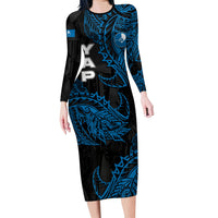 Yap Island Tribal Heritage Family Matching Long Sleeve Bodycon Dress and Hawaiian Shirt Micronesian Polynesian Tattoo Pattern Blue Black Cultural Art