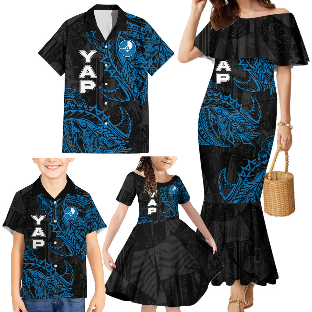 Yap Island Tribal Heritage Family Matching Mermaid Dress and Hawaiian Shirt Micronesian Polynesian Tattoo Pattern Blue Black Cultural Art TS04 - Polynesian Pride