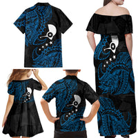 Yap Island Tribal Heritage Family Matching Off Shoulder Maxi Dress and Hawaiian Shirt Micronesian Polynesian Tattoo Pattern Blue Black Cultural Art