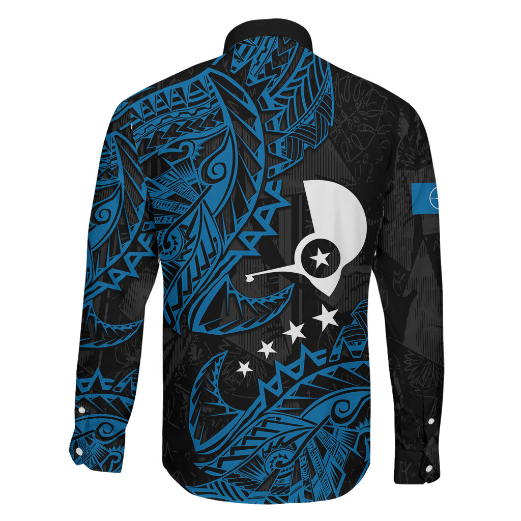 Yap Island Tribal Heritage Family Matching Off Shoulder Maxi Dress and Hawaiian Shirt Micronesian Polynesian Tattoo Pattern Blue Black Cultural Art