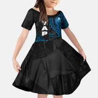 Yap Island Tribal Heritage Family Matching Off Shoulder Short Dress and Hawaiian Shirt Micronesian Polynesian Tattoo Pattern Blue Black Cultural Art
