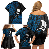 Yap Island Tribal Heritage Family Matching Off Shoulder Short Dress and Hawaiian Shirt Micronesian Polynesian Tattoo Pattern Blue Black Cultural Art