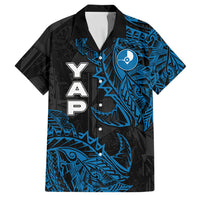 Yap Island Tribal Heritage Family Matching Off Shoulder Short Dress and Hawaiian Shirt Micronesian Polynesian Tattoo Pattern Blue Black Cultural Art