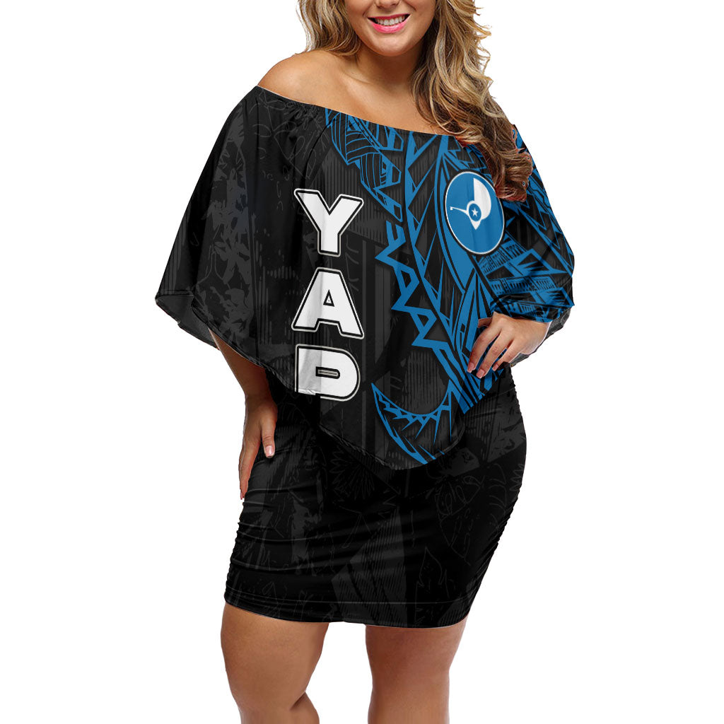 Yap Island Tribal Heritage Family Matching Off Shoulder Short Dress and Hawaiian Shirt Micronesian Polynesian Tattoo Pattern Blue Black Cultural Art