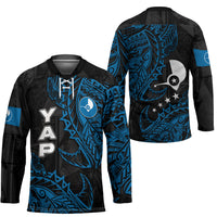 Yap Island Tribal Heritage Hockey Jersey Micronesian Polynesian Tattoo Pattern Blue Black Cultural Art