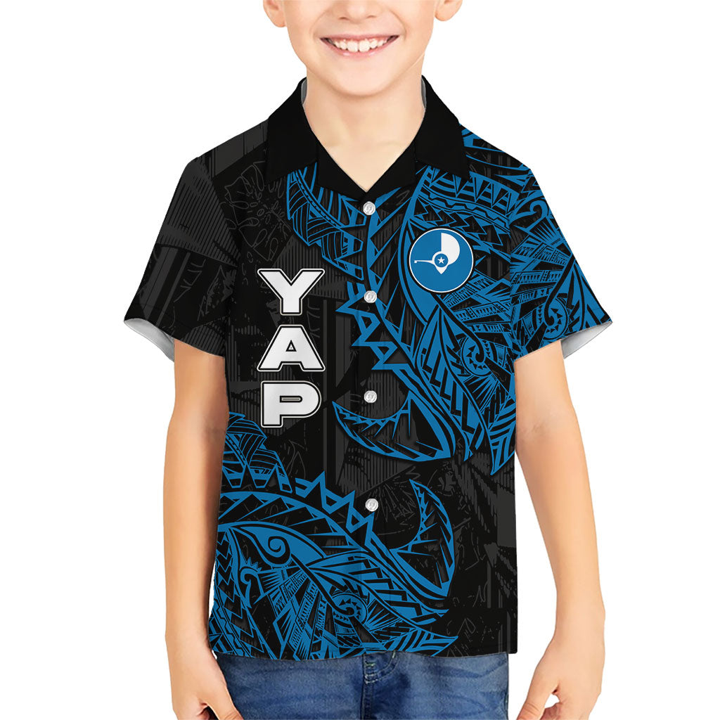 Yap Island Tribal Heritage Kid Hawaiian Shirt Micronesian Polynesian Tattoo Pattern Blue Black Cultural Art TS04 Kid Black Blue - Polynesian Pride