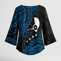 Yap Island Tribal Heritage Kimono Sleeve Blouse Micronesian Polynesian Tattoo Pattern Blue Black Cultural Art