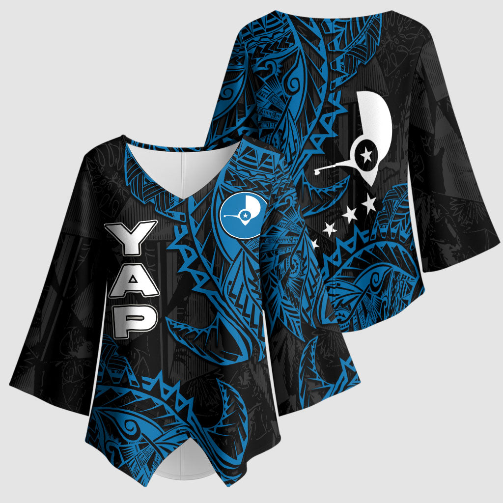Yap Island Tribal Heritage Kimono Sleeve Blouse Micronesian Polynesian Tattoo Pattern Blue Black Cultural Art