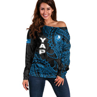 Yap Island Tribal Heritage Off Shoulder Sweater Micronesian Polynesian Tattoo Pattern Blue Black Cultural Art