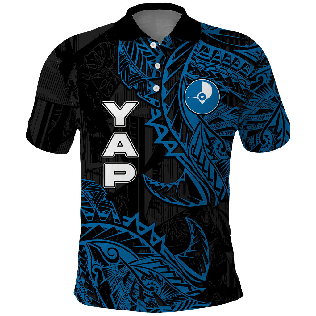 Yap Island Tribal Heritage Polo Shirt Micronesian Polynesian Tattoo Pattern Blue Black Cultural Art TS04 Black Blue - Polynesian Pride