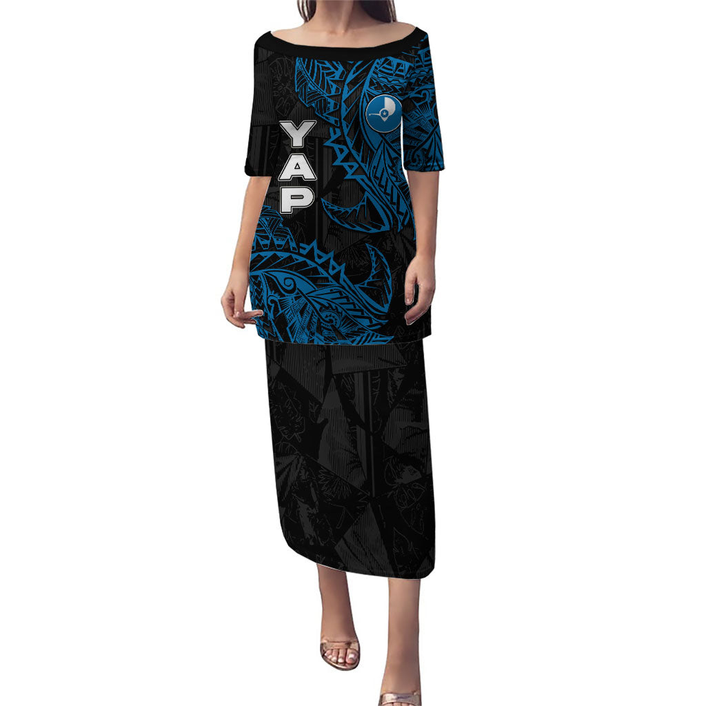 Yap Island Tribal Heritage Puletasi Micronesian Polynesian Tattoo Pattern Blue Black Cultural Art TS04 Long Dress Black Blue - Polynesian Pride