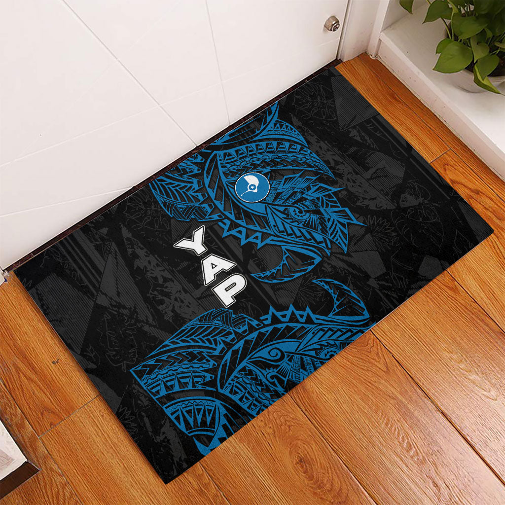 Yap Island Tribal Heritage Rubber Doormat Micronesian Polynesian Tattoo Pattern Blue Black Cultural Art