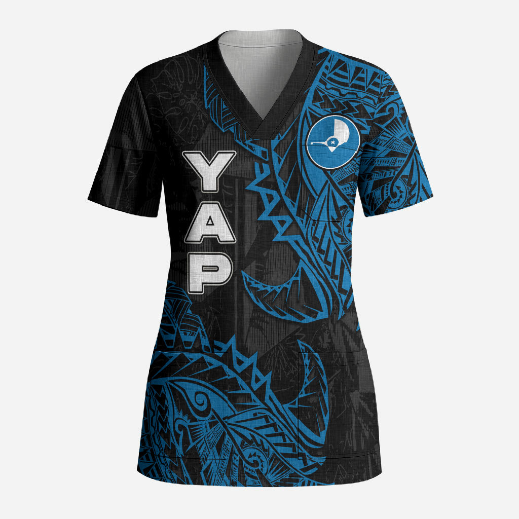 Yap Island Tribal Heritage Scrub Top Micronesian Polynesian Tattoo Pattern Blue Black Cultural Art TS04 Adult Black Blue - Polynesian Pride