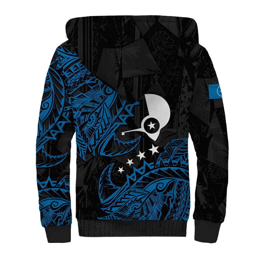 Yap Island Tribal Heritage Sherpa Hoodie Micronesian Polynesian Tattoo Pattern Blue Black Cultural Art