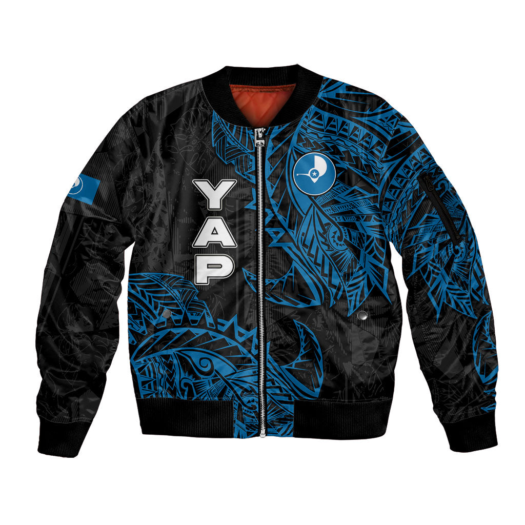Yap Island Tribal Heritage Sleeve Zip Bomber Jacket Micronesian Polynesian Tattoo Pattern Blue Black Cultural Art