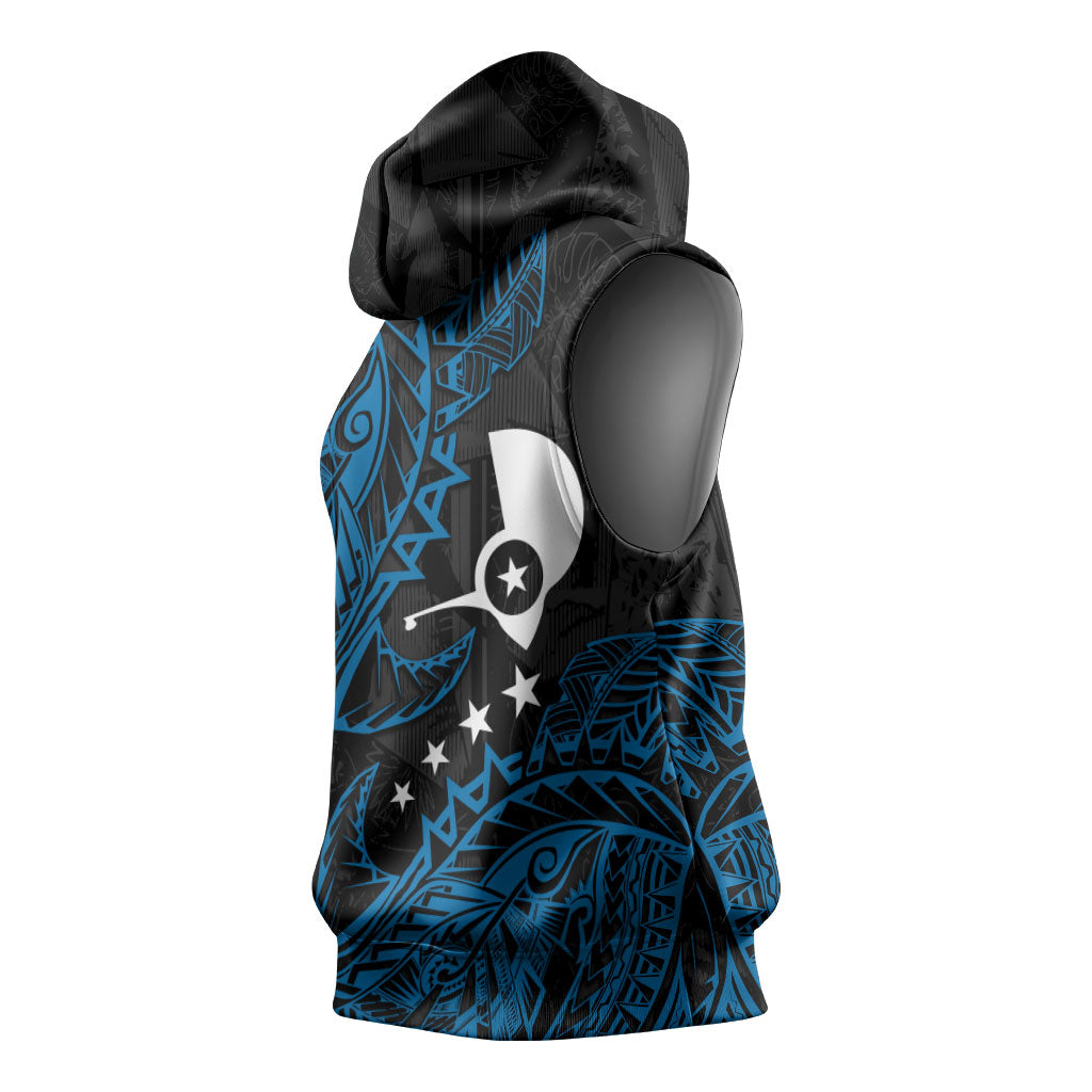 Yap Island Tribal Heritage Sleeveless Hoodie Micronesian Polynesian Tattoo Pattern Blue Black Cultural Art