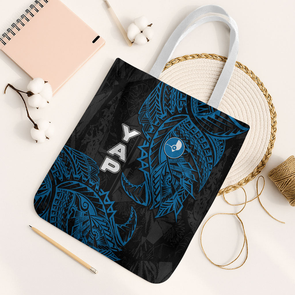 Yap Island Tribal Heritage Tote Bag Micronesian Polynesian Tattoo Pattern Blue Black Cultural Art