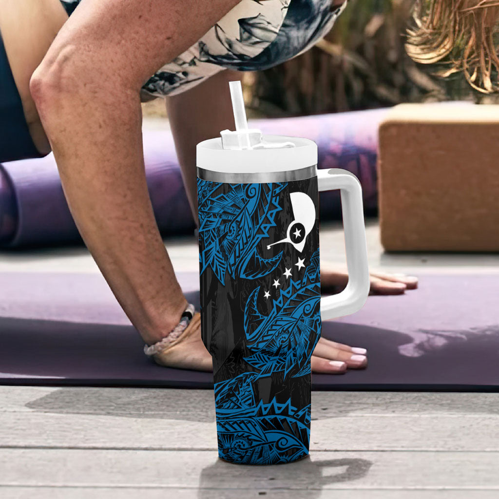 Yap Island Tribal Heritage Tumbler With Handle Micronesian Polynesian Tattoo Pattern Blue Black Cultural Art
