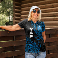 Yap Island Tribal Heritage Women Polo Shirt Micronesian Polynesian Tattoo Pattern Blue Black Cultural Art
