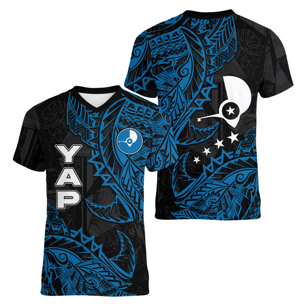 Yap Island Tribal Heritage Women V-Neck T-Shirt Micronesian Polynesian Tattoo Pattern Blue Black Cultural Art