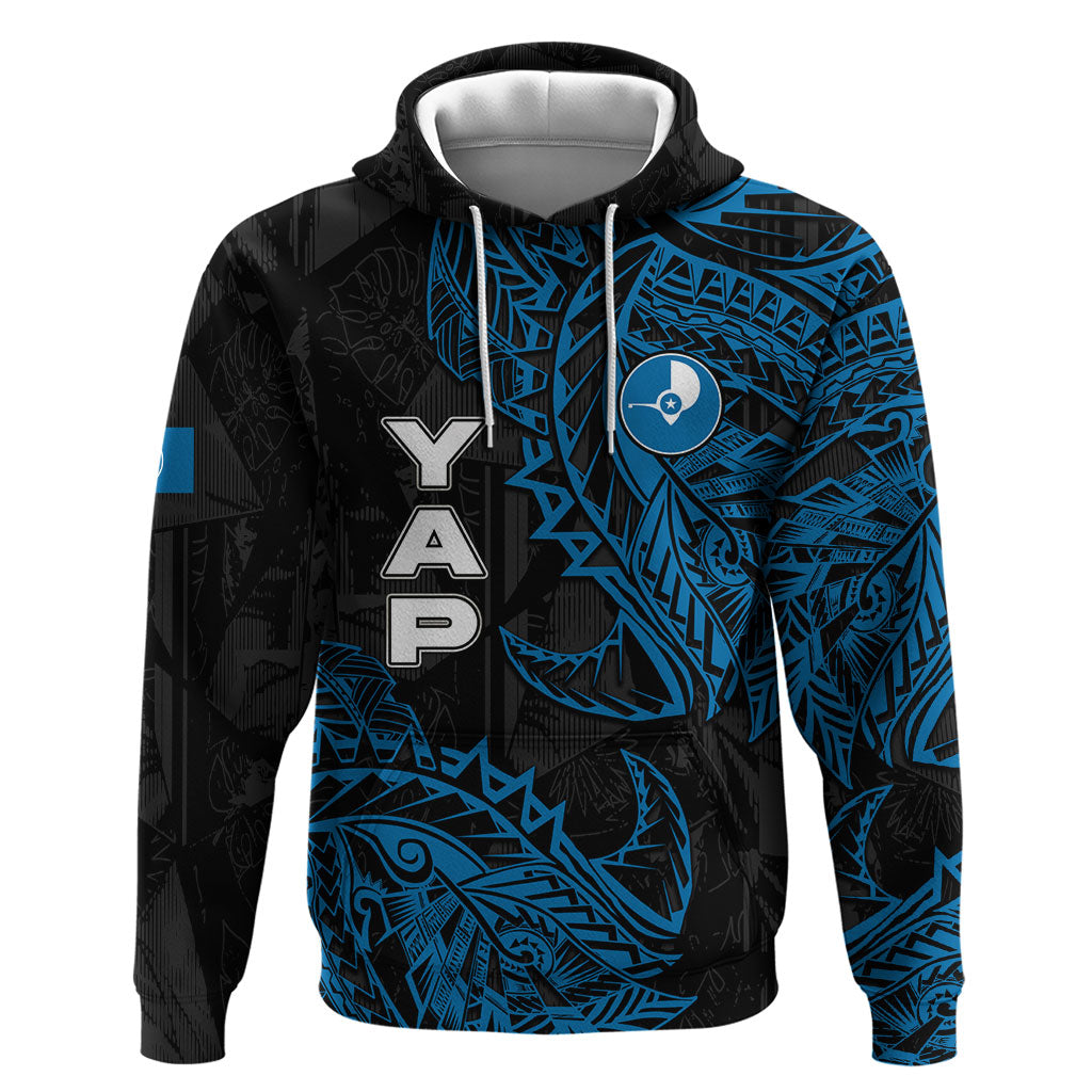 Yap Island Tribal Heritage Zip Hoodie Micronesian Polynesian Tattoo Pattern Blue Black Cultural Art