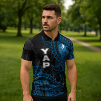Yap Island Tribal Heritage Zipper Polo Shirt Micronesian Polynesian Tattoo Pattern Blue Black Cultural Art