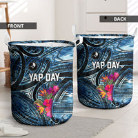 Yap Day Island Floral Tribal Heritage Laundry Basket Micronesian Hibiscus Pattern Polynesian Tattoo Blue Art