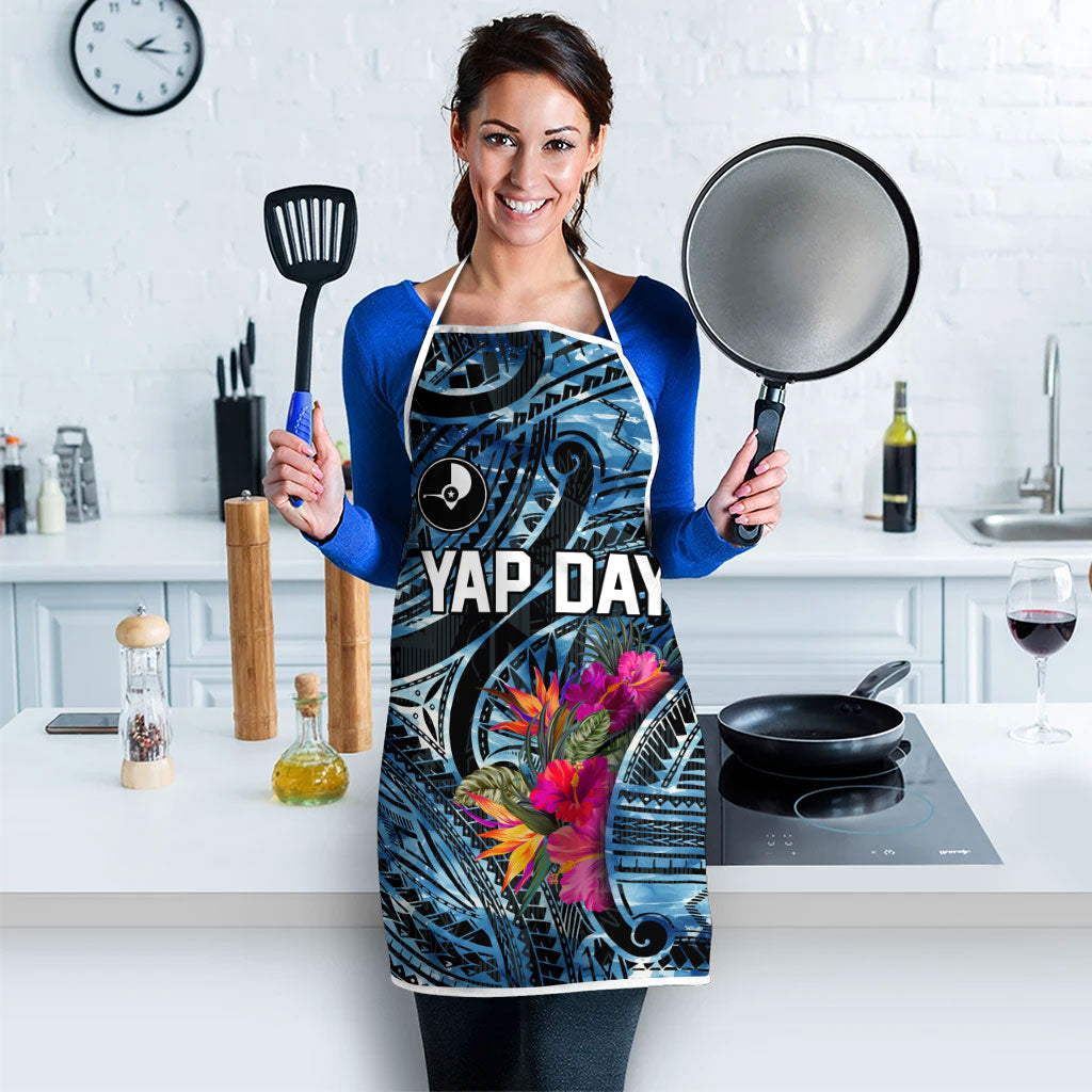 Yap Day Island Floral Tribal Heritage Apron Micronesian Hibiscus Pattern Polynesian Tattoo Blue Art