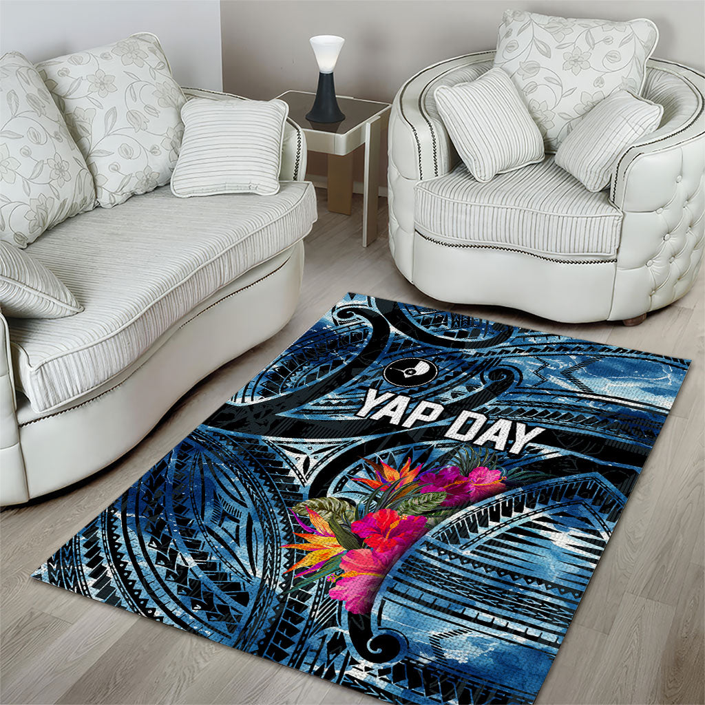 Yap Day Island Floral Tribal Heritage Area Rug Micronesian Hibiscus Pattern Polynesian Tattoo Blue Art