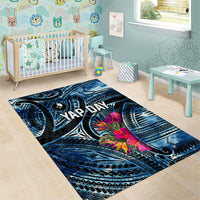 Yap Day Island Floral Tribal Heritage Area Rug Micronesian Hibiscus Pattern Polynesian Tattoo Blue Art