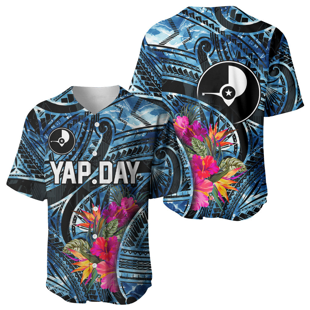 Yap Day Island Floral Tribal Heritage Baseball Jersey Micronesian Hibiscus Pattern Polynesian Tattoo Blue Art