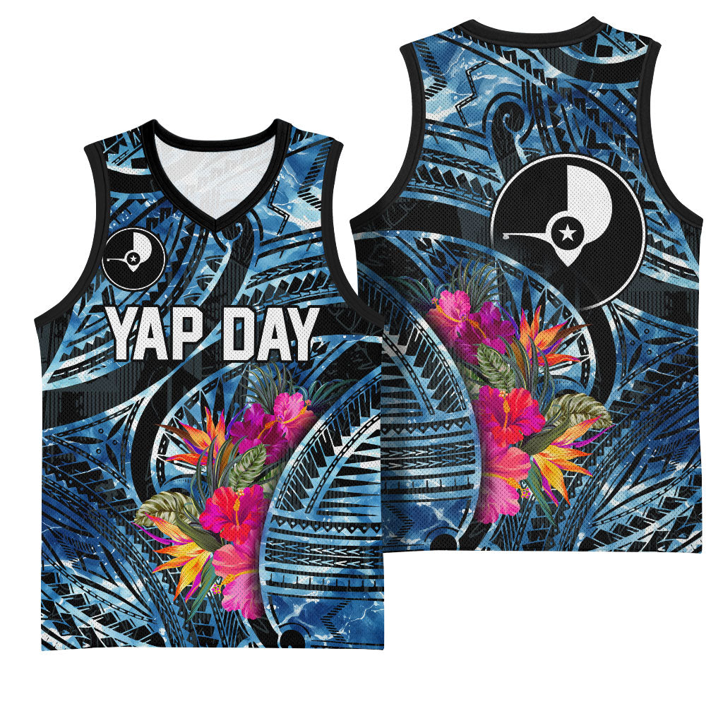 Yap Day Island Floral Tribal Heritage Basketball Jersey Micronesian Hibiscus Pattern Polynesian Tattoo Blue Art