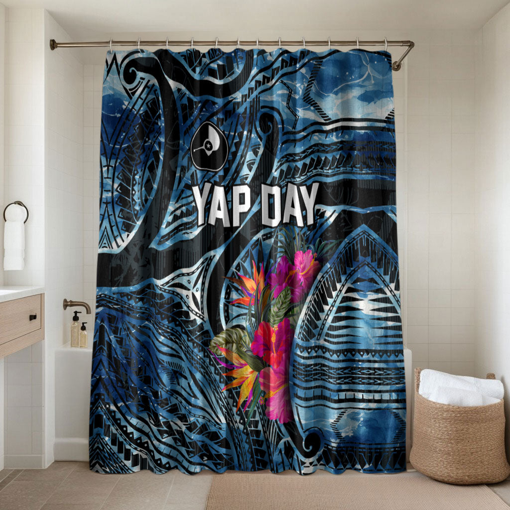 Yap Day Island Floral Tribal Heritage Bathroom Set Micronesian Hibiscus Pattern Polynesian Tattoo Blue Art